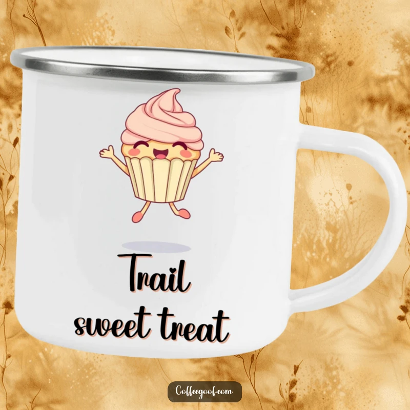 Funny Cupcake Camping Mug depicting a delighted anthropomorphic cupcake performing a bubbly jump, perfect for outdoor adventures.