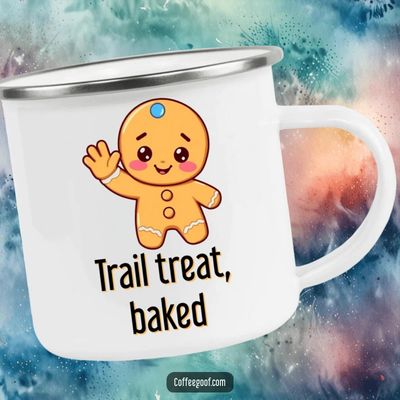 Funny gingerbread camping mug with a cheerful cookie giving a friendly wave, perfect for enjoying drinks with holiday fun.