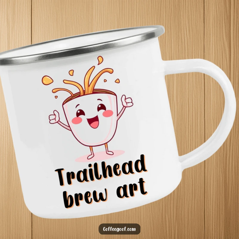 Funny enamel camping mug featuring a jubilant coffee cup character spilling hot art, ideal for rugged outdoor use.