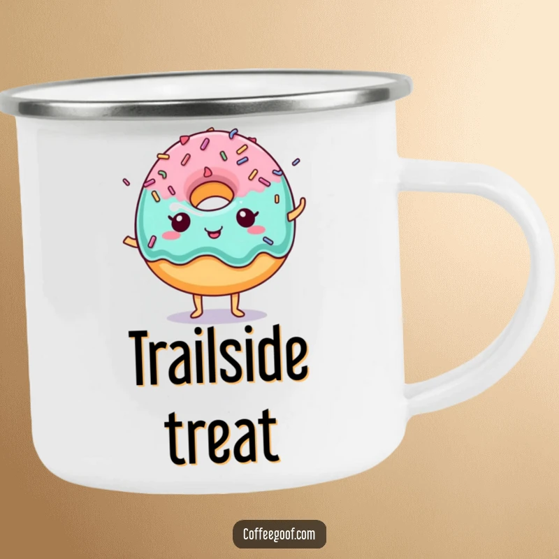 Funny Donut Camping Mug with a cheerful donut and energetic dancing sprinkles, perfect for outdoor enjoyment.