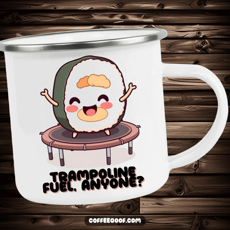 Funny sushi roll character mid-bounce on a trampoline, printed on a durable camping mug for outdoor fun.