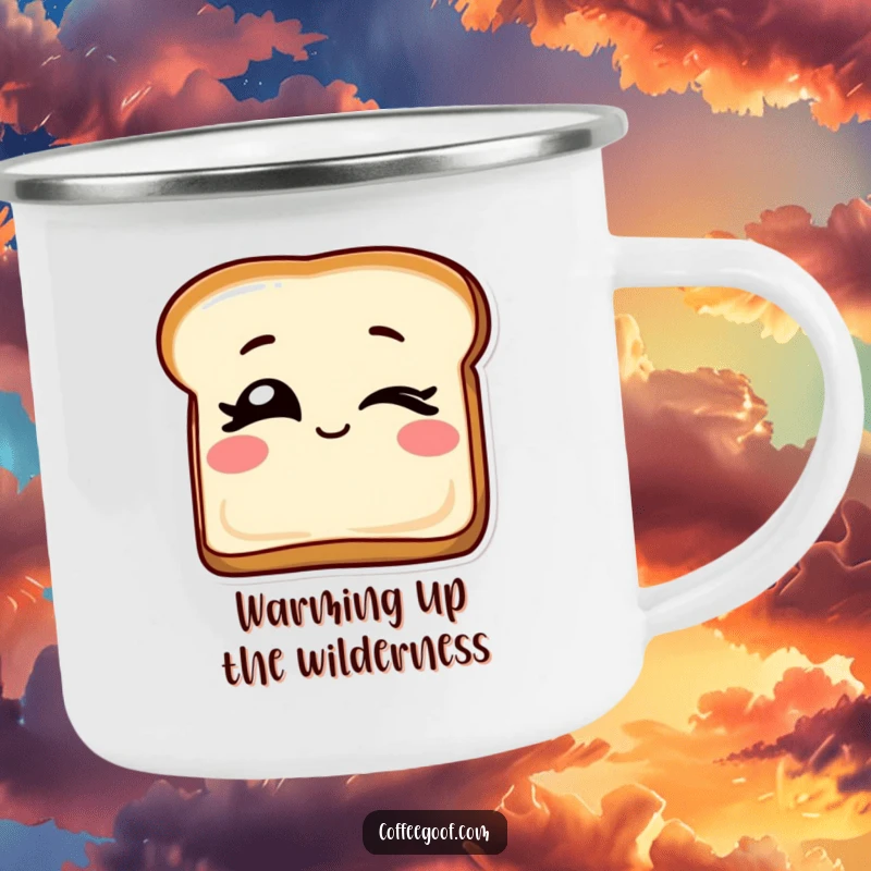 Funny camping mug showcasing a slice of toast with playful winking eyes, perfect for enjoying hot drinks outdoors with a cheerful vibe.