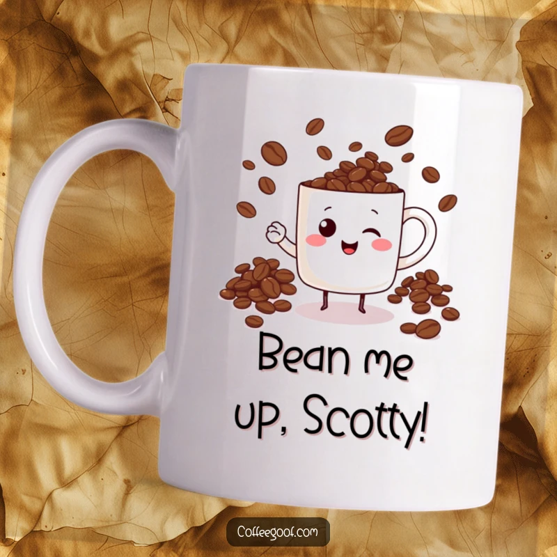 Funny cheerful mug character actively juggling roasted coffee beans with a bright smile, perfect for a coffee lover's mug.