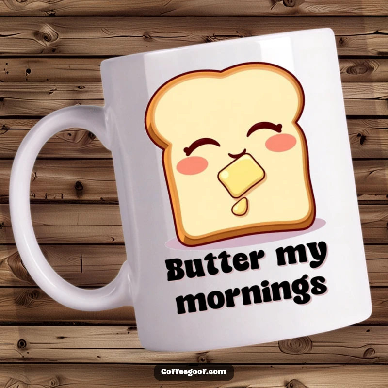 Funny Mug featuring a winking piece of toast with butter sliding off, capturing a playful breakfast moment for a perfect funny gift.