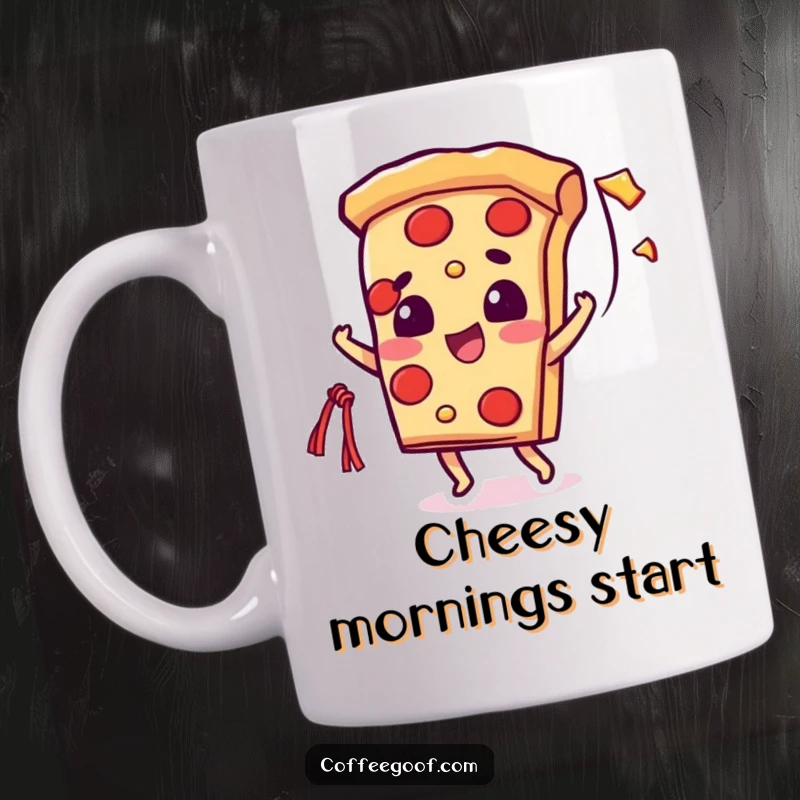 Funny mug with a beaming pizza slice character stretching a long, gooey string of cheese with a cheerful expression.