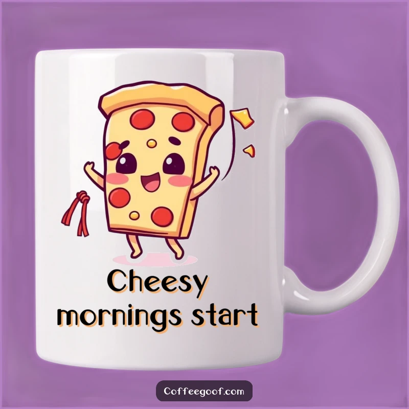 Funny Pizza Cheese String Mug: Beaming Slice Character - Hilarious Italian Food Gift