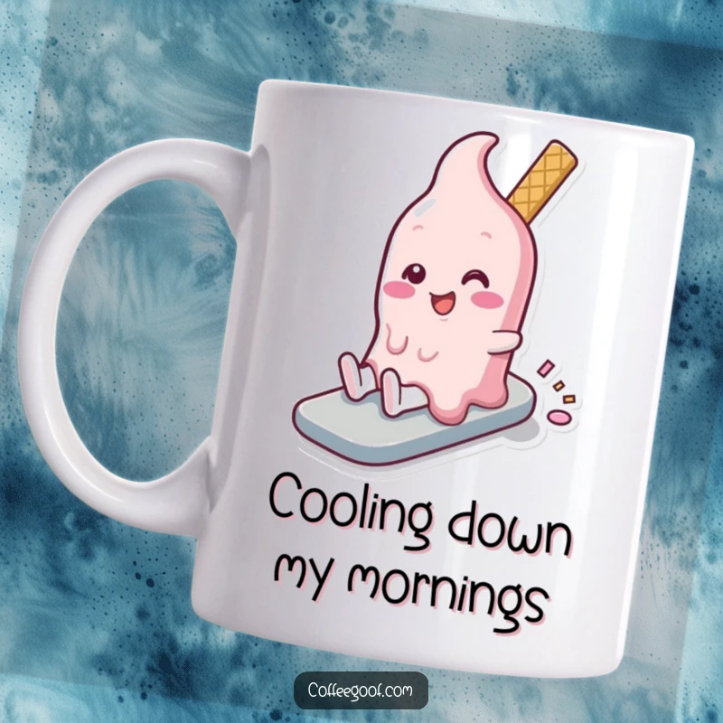 Funny melting ice cream character enjoying a blissful, slow slide down a sweet slope, perfect for a happy and humorous mug.