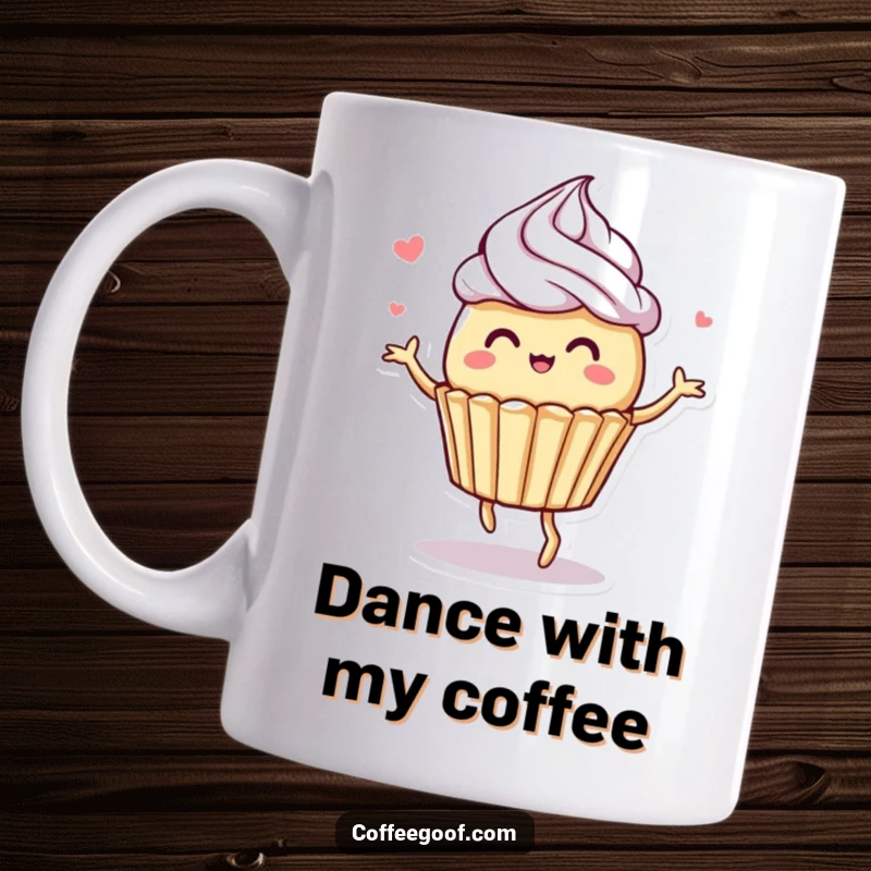 Funny muffin character mug, mid-dance with frosting swirls, embodying a playful and joyful spirit.