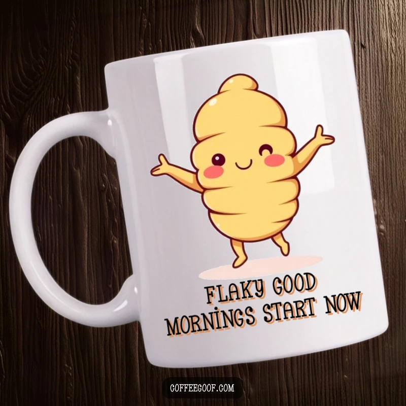 Funny Croissant Mug: A happy croissant character with arms outstretched, joyfully dancing, perfect for breakfast lovers.