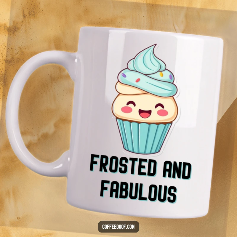 Funny cupcake mug, a joyful cupcake character gleefully frosting itself, sweet and delightful dessert art.