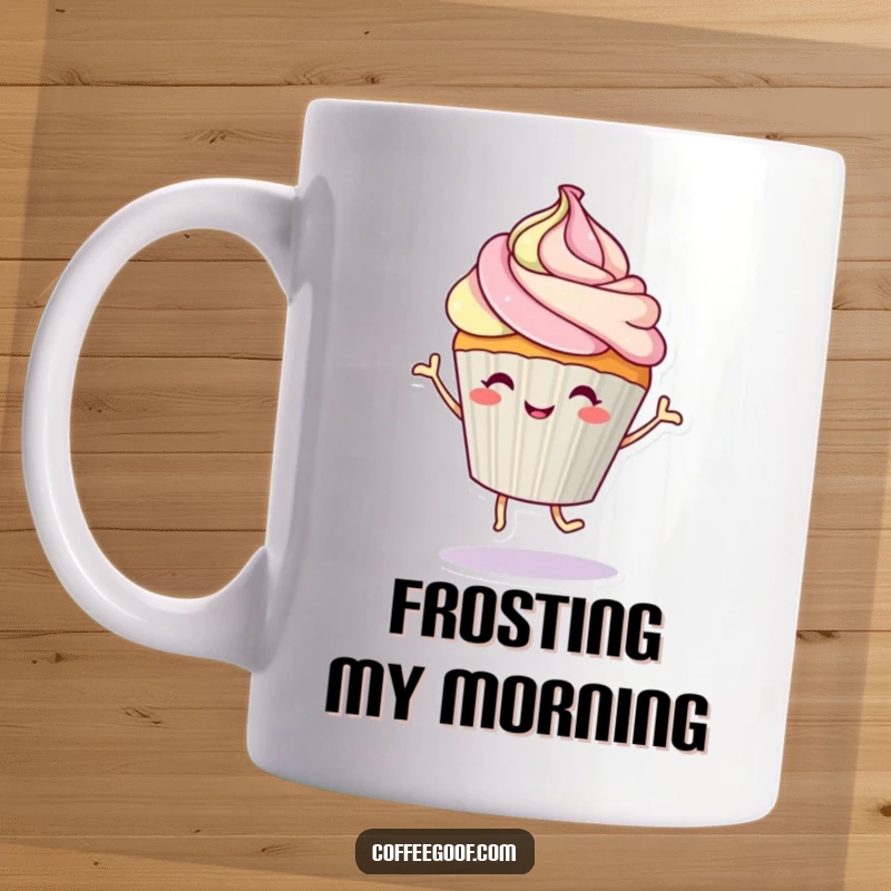 Funny, cheerful cupcake character joyfully dancing with a frosting swirl on a mug, bringing sweet humor.