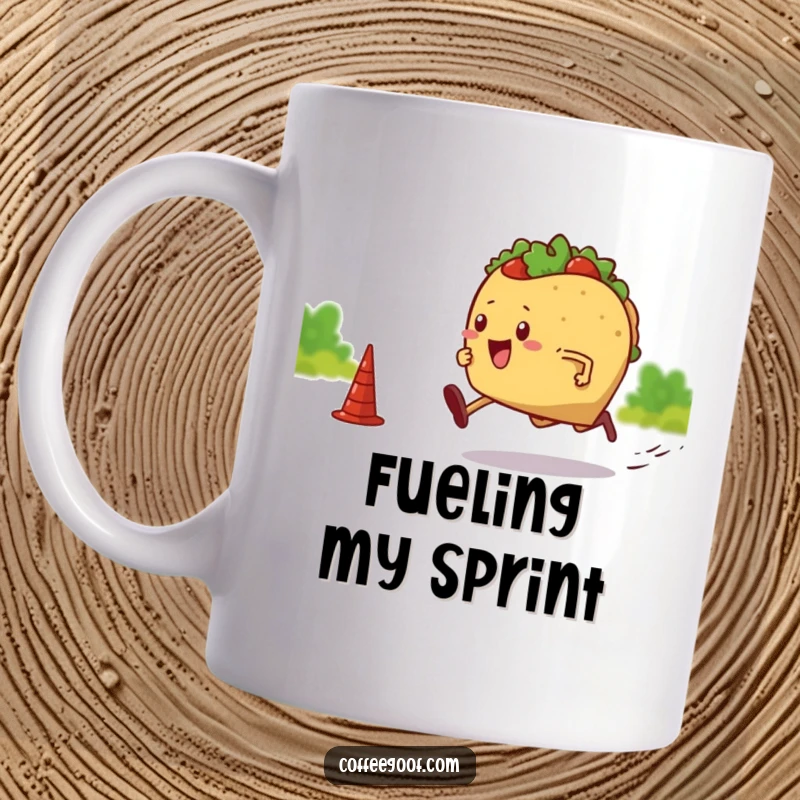 Funny mug featuring a smiling taco with legs, enthusiastically sprinting towards a finish line. Whimsical drinkware for taco enthusiasts and race fans.