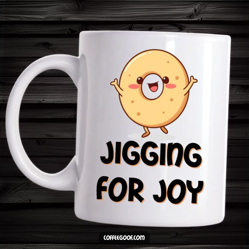 Funny Bagel Character Mug with a happy bagel doing a jig, bringing cheerful energy to breakfast.