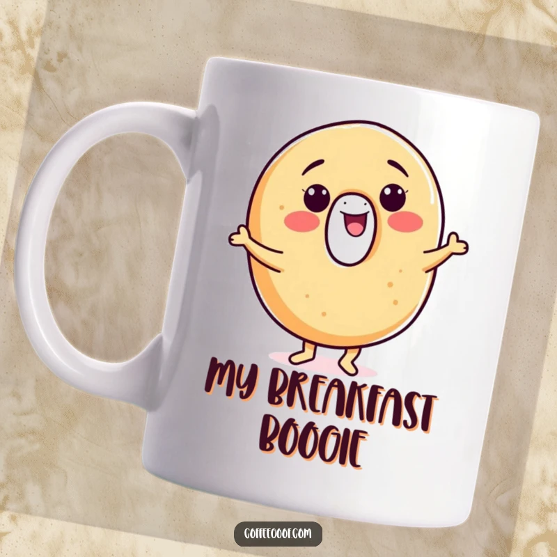 Funny bagel mug, a smiling character doing a cheerful jig, symbolizing breakfast joy and a love for dancing.