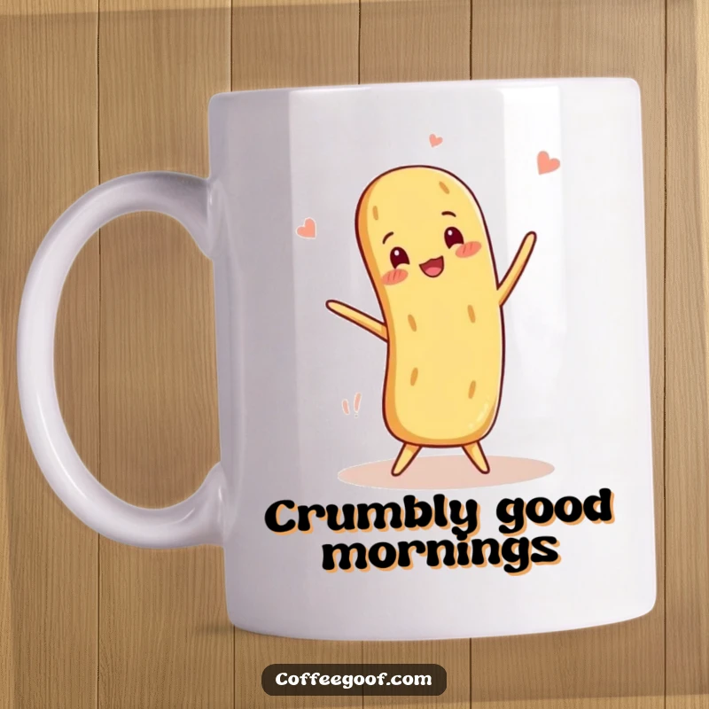 Funny Baguette Mug featuring a smiling anthropomorphic baguette masterfully performing a playful balancing act, capturing culinary comedy.