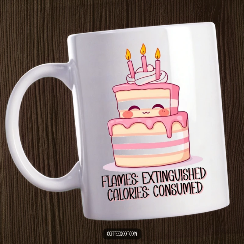 Funny Cake Mug featuring a proud cake character joyfully blowing out tiny whimsical candles on its birthday.