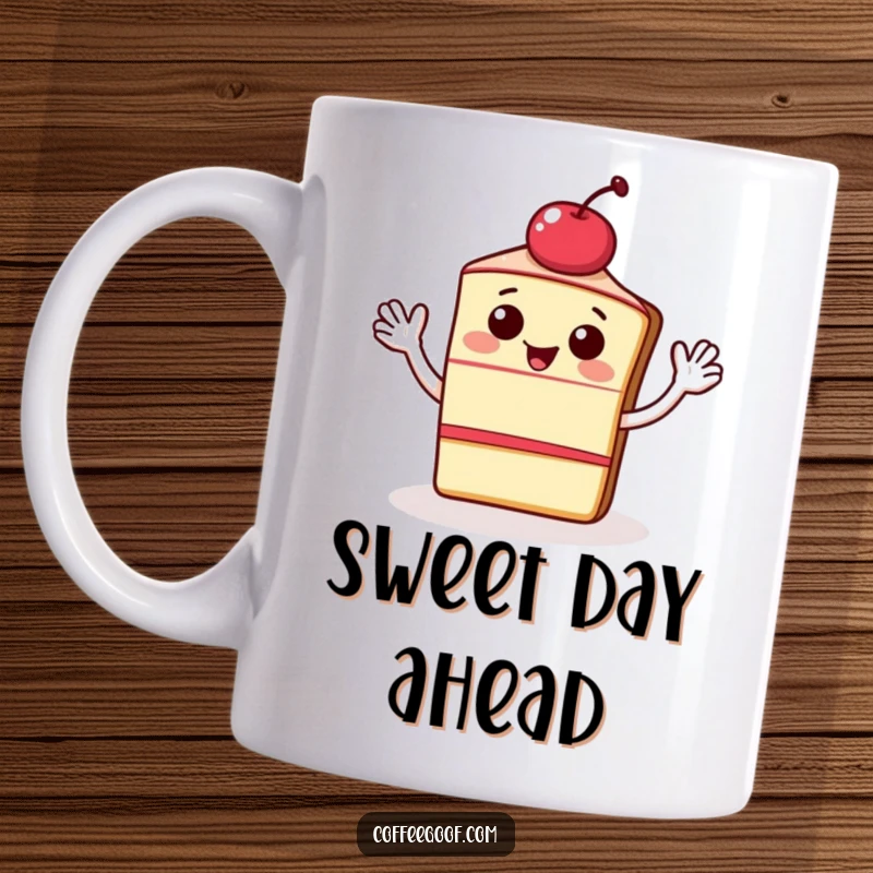 Funny mug featuring a happy slice of cake with a cherry on top, energetically waving hello. Whimsical drinkware for cake lovers and sweet treat fans.