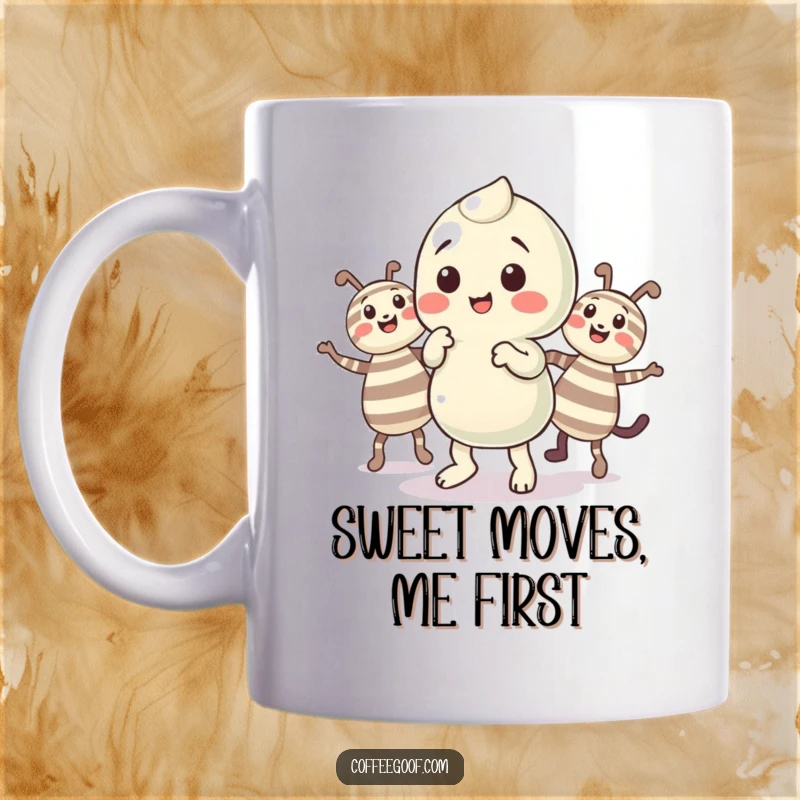 Funny Candy Jig Mug showing a playful candy character doing a little jig with colorful striped companions.