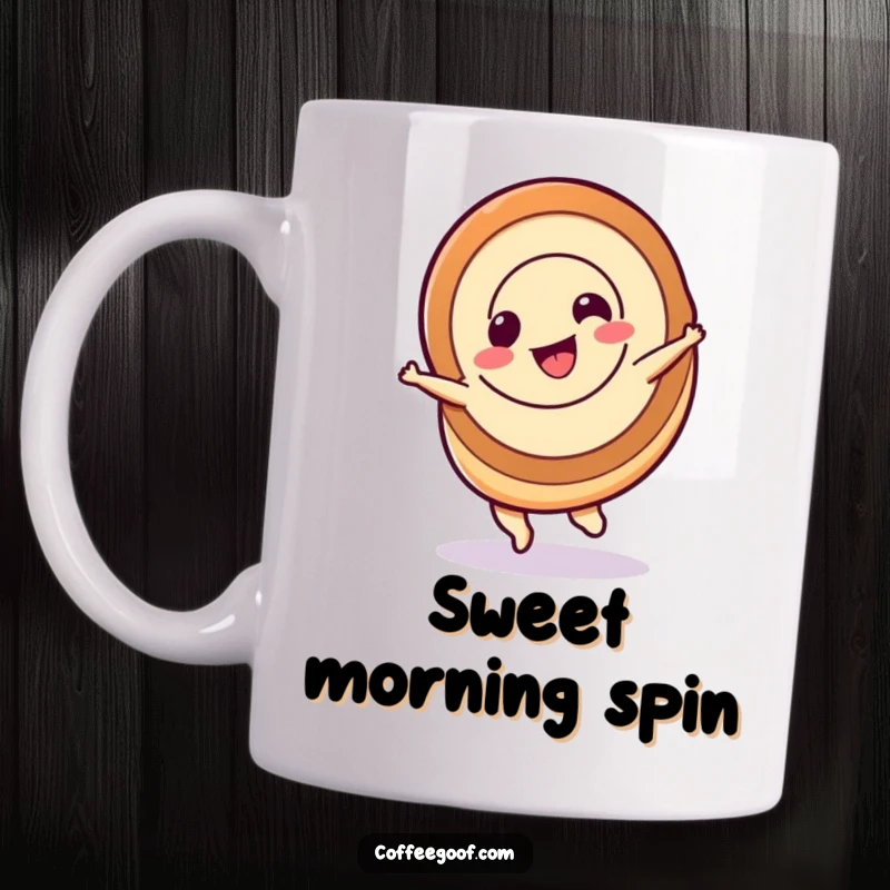 Funny cinnamon roll mug, a sweet cinnamon roll character joyfully spinning, delightful pastry art.