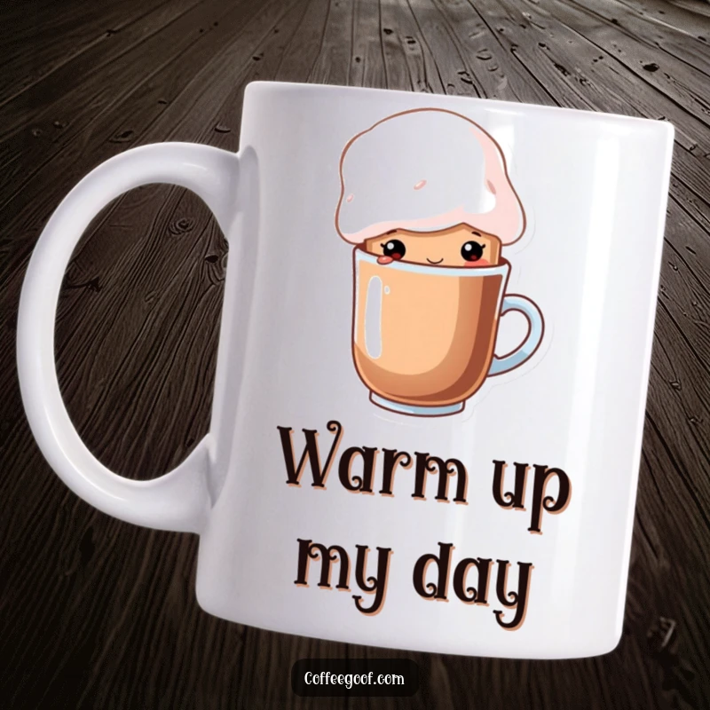 Funny cup of cocoa character wearing a whimsical marshmallow hat on a cozy coffee mug, a delightful warm drink cartoon