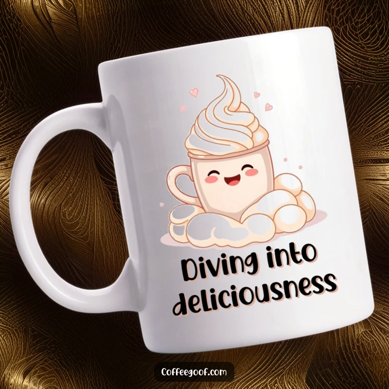 Funny Mug: A smiling cocoa mug joyfully performs a cannonball splash into a fluffy cloud of whipped cream, a delightful scene.
