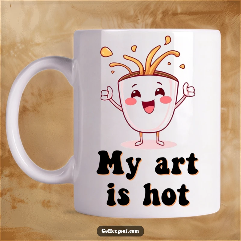 Funny coffee mug showcasing a jubilant coffee cup character enthusiastically spilling steaming latte art, a joyful and artistic spill.