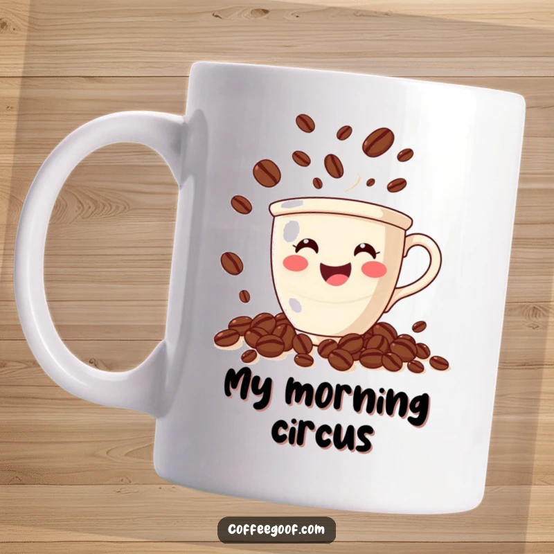 Funny coffee cup mug with a smiling face, expertly juggling small, animated coffee beans, full of energetic caffeine fun.