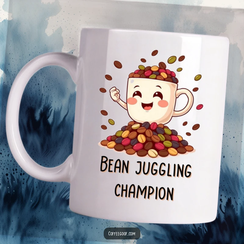Funny Coffee Mug wearing a smile, joyfully juggling a vibrant pile of colorful coffee beans, perfect for coffee lovers.