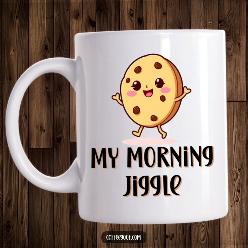 Funny Cookie Jig Mug with a cheerful baked cookie character happily doing a little jig, perfect for adding joy to your beverage moments.