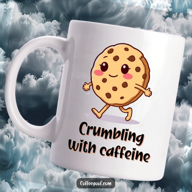 Funny Mug: A sentient cookie character comically performs a silly walk, slightly breaking apart, bringing humor to your beverage.