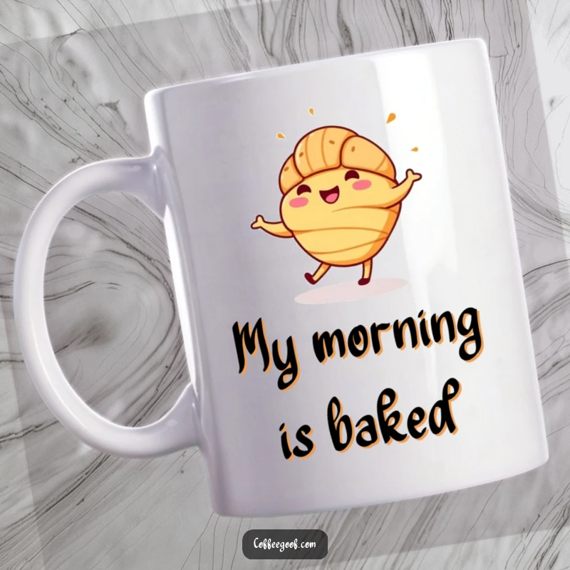 Funny mug featuring a cheerful croissant with sprinkles performing a lively jig, spreading joy and sweetness with every sip.