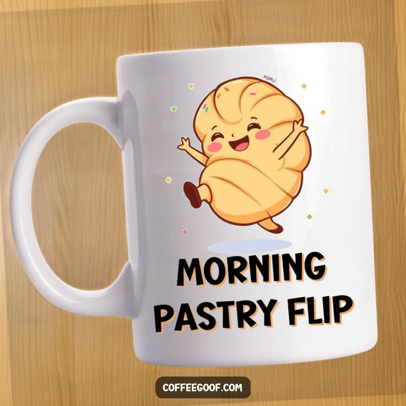 Funny croissant mug showing a grinning pastry doing a cartwheel, decorated with colorful sprinkles, full of joy.