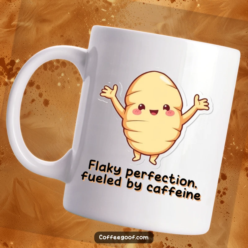 Funny croissant mug featuring a jolly pastry with arms akimbo, proudly posing with a confident and cheerful expression.