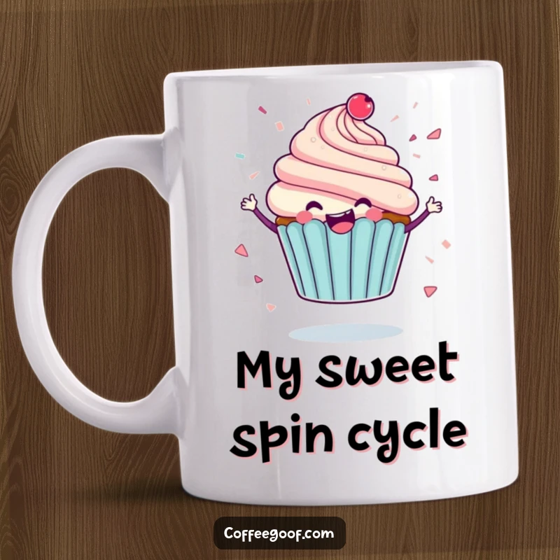 Funny mug featuring a delighted cupcake character spinning joyfully, with icing flying like colorful confetti, perfect for a fun gift.
