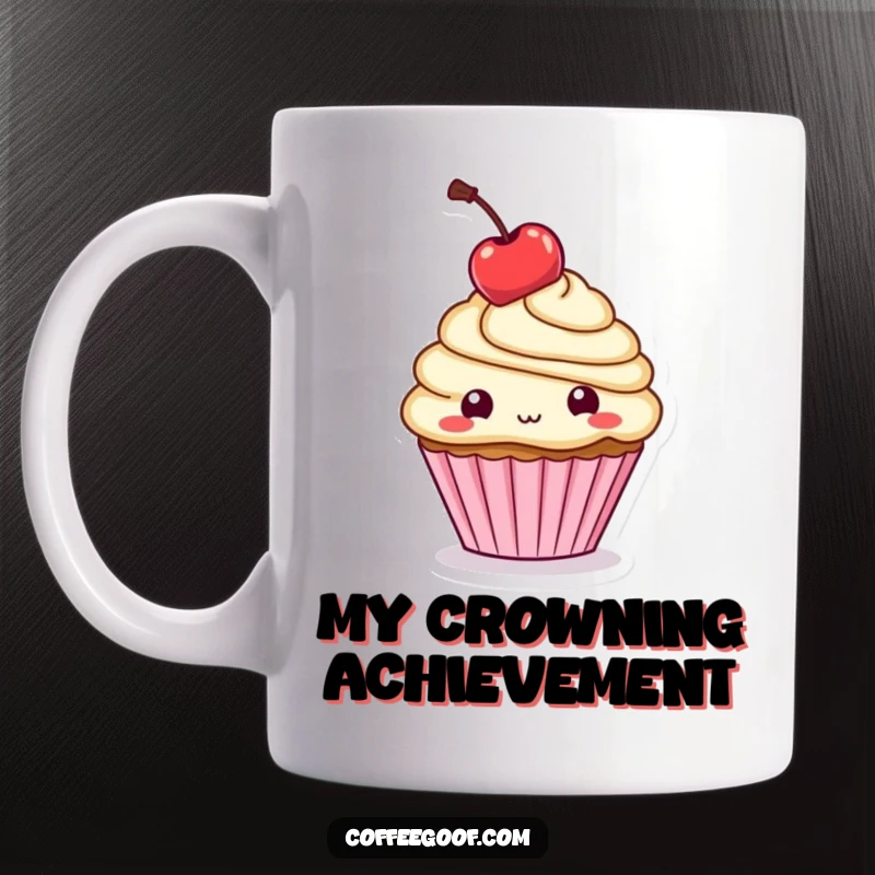 Funny Mug: A cheerful cupcake character playfully balances a bright red cherry on its head, exuding sugary charm.
