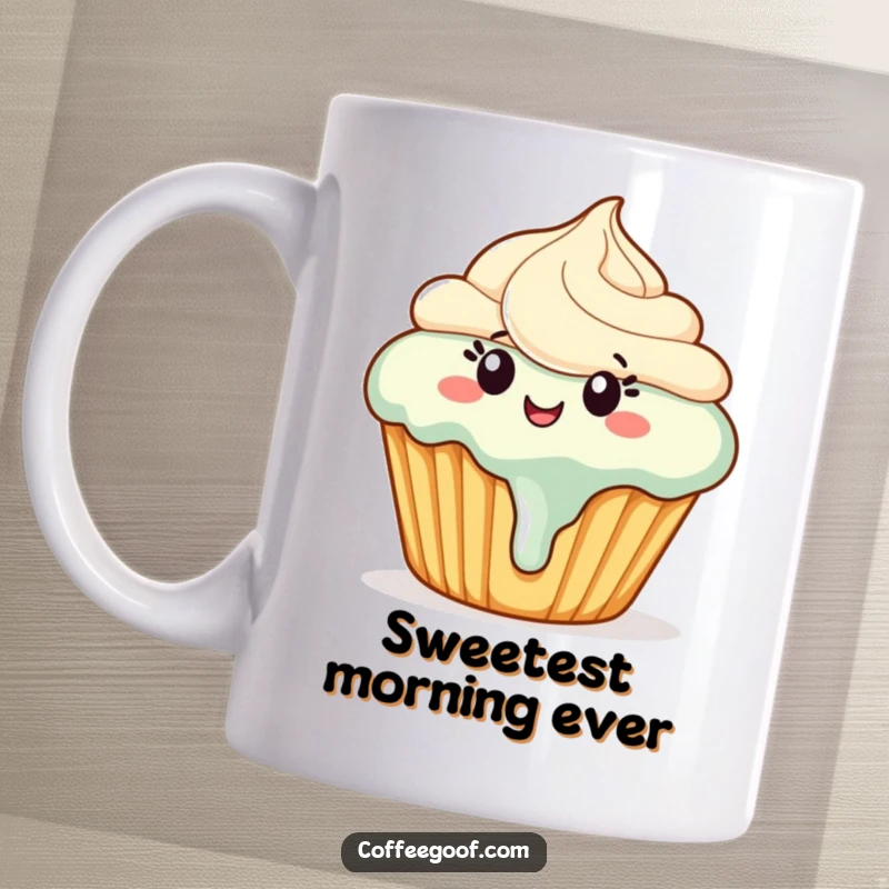 Funny cupcake mug featuring a happy cupcake with slightly melting frosting dancing joyfully, embodying sweet, cheerful, and humorous delight.