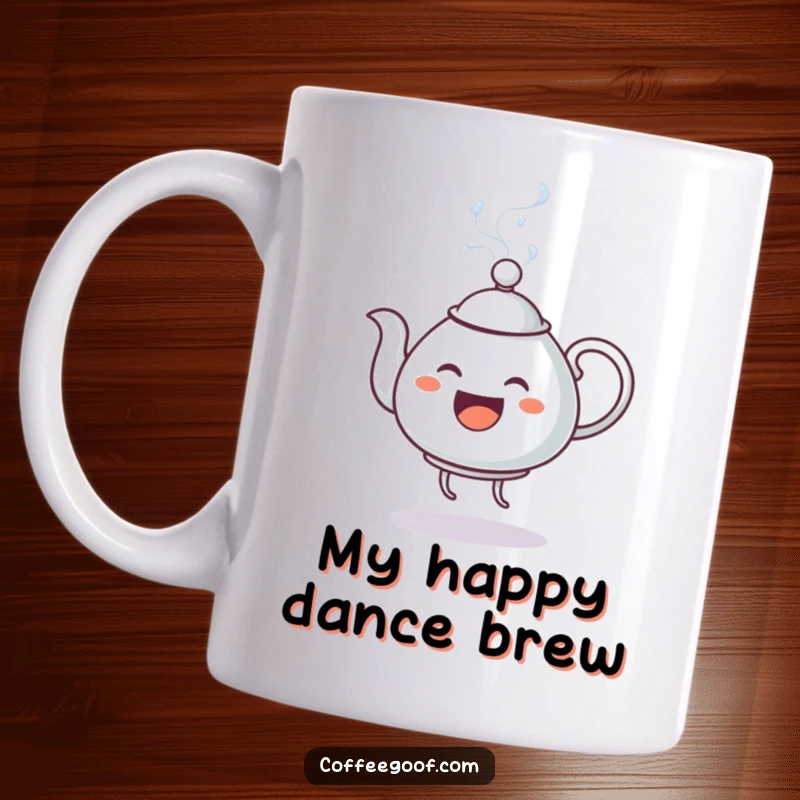 Funny Mug: An anthropomorphic teapot joyfully dances, spouting steaming water with exuberant energy and a playful spirit.