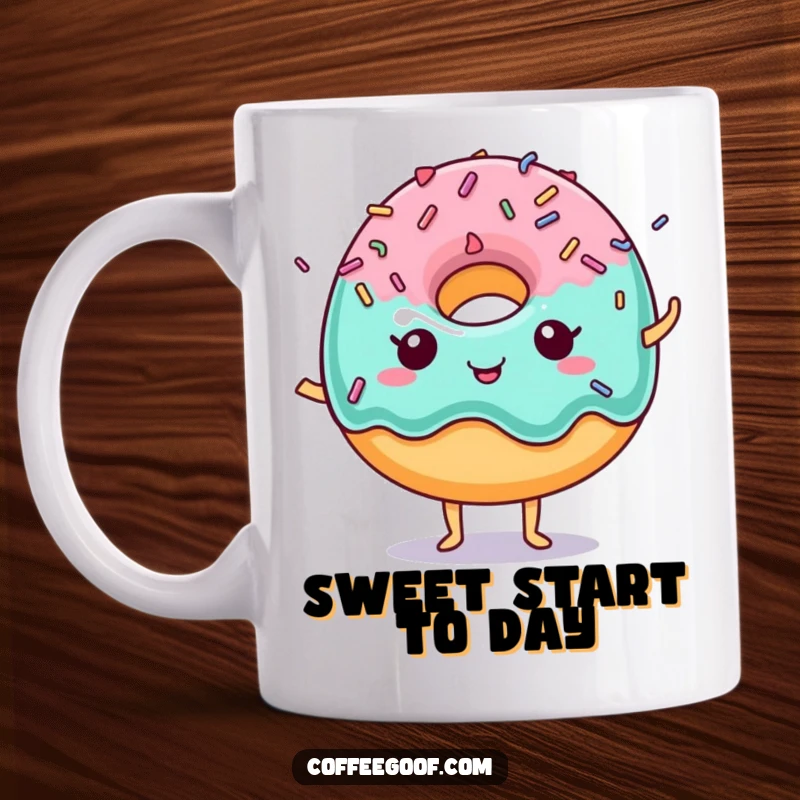 Funny Donut Character Mug with colorful dancing sprinkles, a cheerful and sweet design for pastry fans.