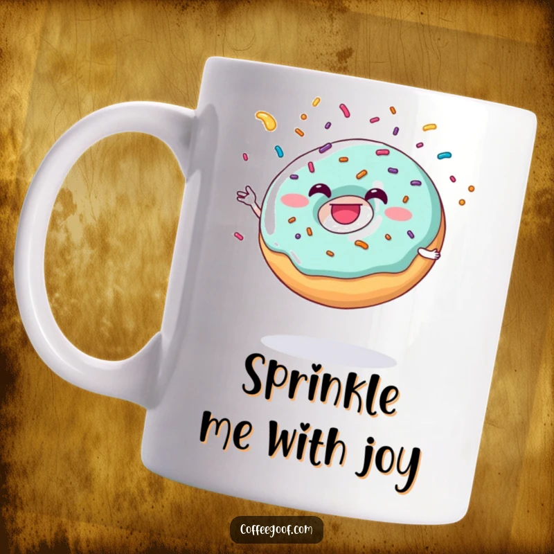 Funny grinning donut character energetically juggling colorful sprinkles with its arms, showcasing sweet joy.