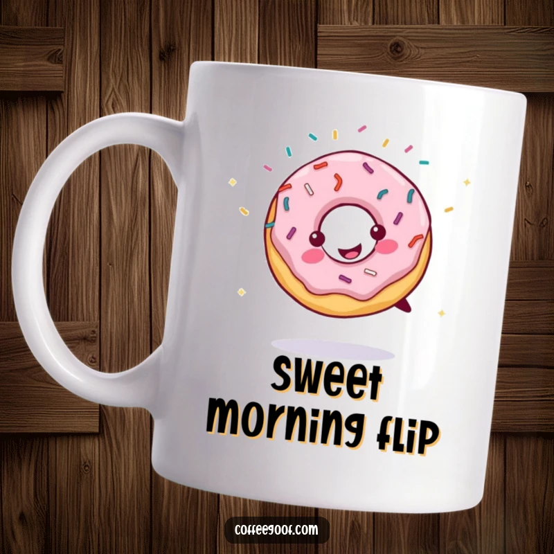 Funny mug featuring a smiling donut with sprinkles flying, energetically doing a cartwheel. Whimsical drinkware for donut lovers and pastry fans.