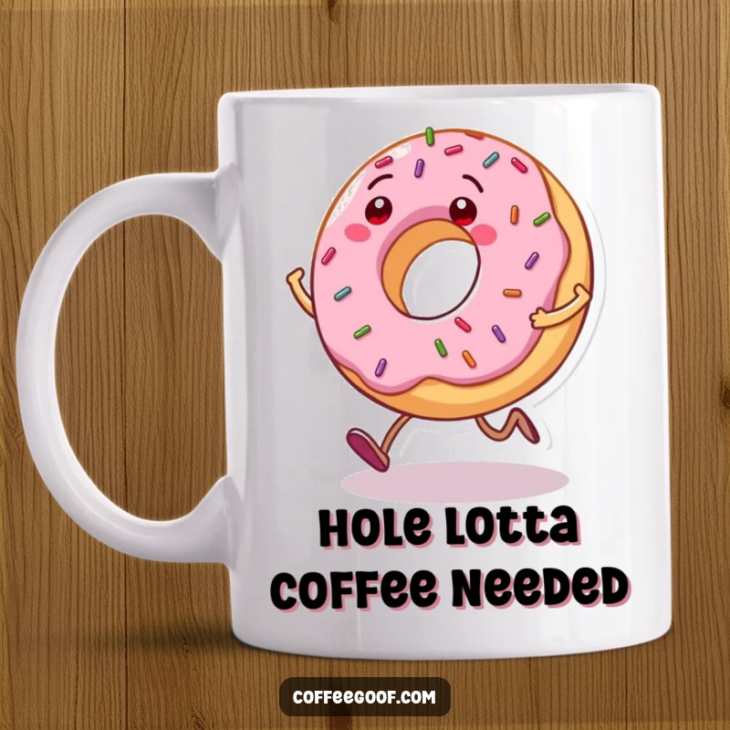 Funny Donut Mug: A grinning donut character with sprinkles bouncing as it hops, perfect for sweet treat enthusiasts.