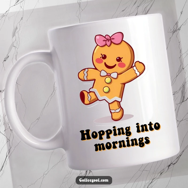 Funny cheerful gingerbread cookie character doing a happy little hop on a festive coffee mug, a joyful cartoon treat