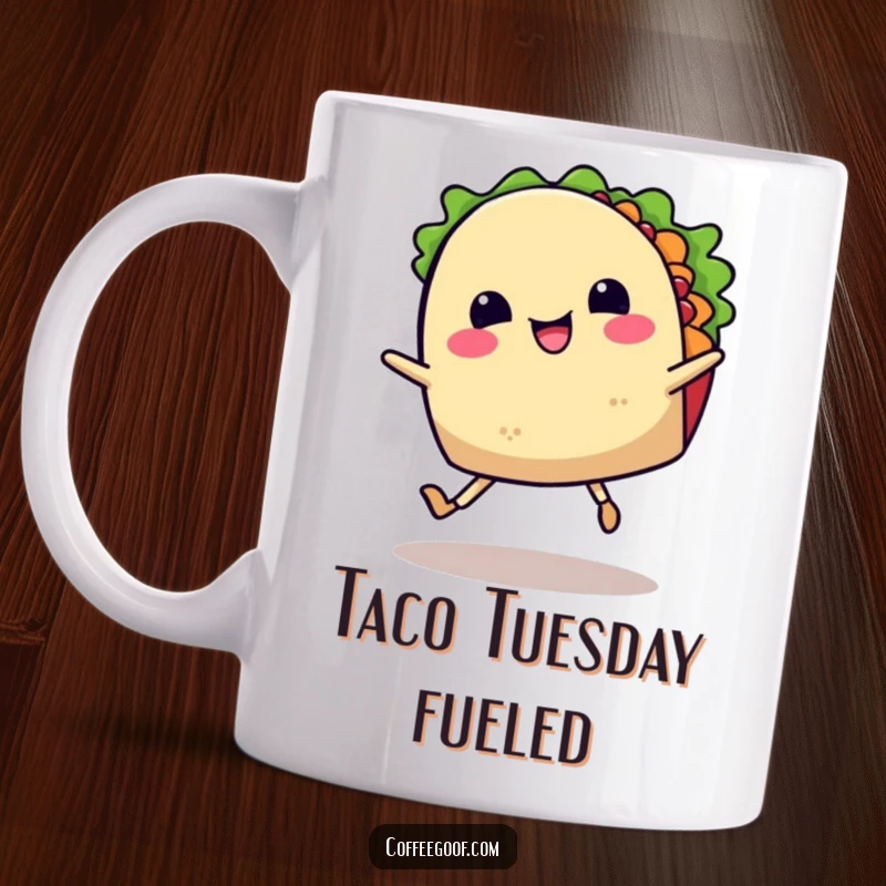Funny mug illustration of a smiling taco with legs joyfully dancing a jig, celebrating food and happiness with vibrant Mexican fiesta energy.