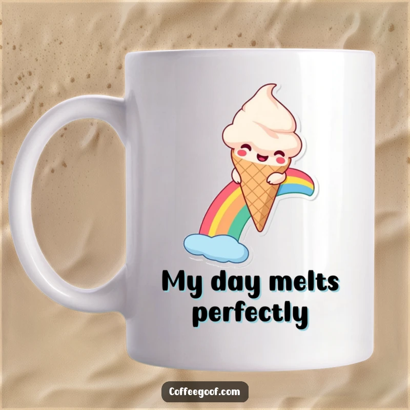 Funny Ice Cream Mug featuring a smiling anthropomorphic ice cream cone joyfully sliding down a vibrant rainbow.