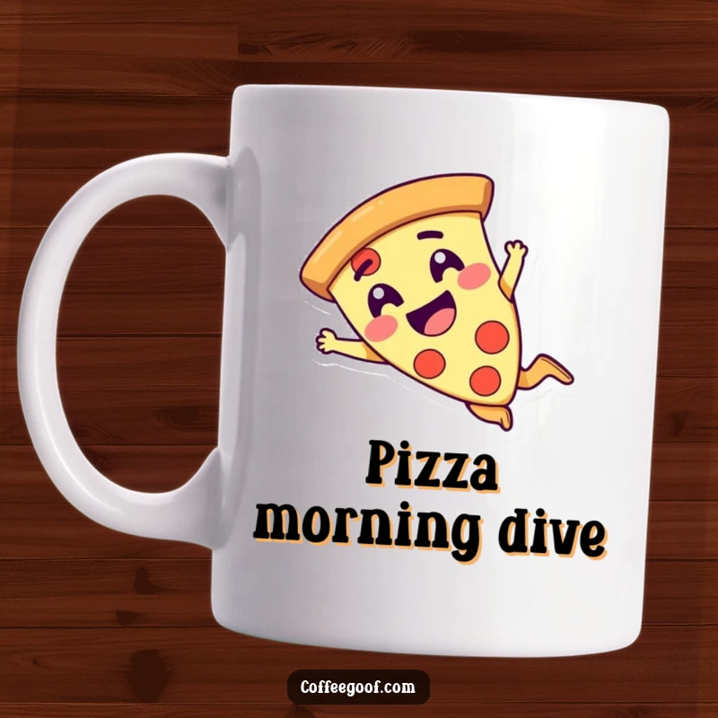Funny pizza slice character giggling and doing a comical dive on a mug, a humorous treat for pizza lovers.