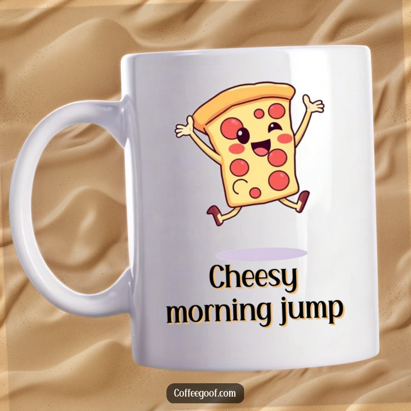 Funny Mug: A happy-faced slice of pizza joyfully leaps in celebration, bringing delicious humor to your beverage.