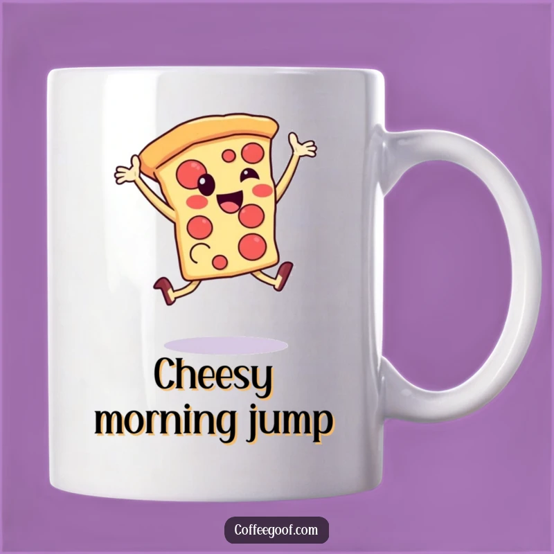 Funny Pizza Leap Mug: Happy Slice Character Design, Enjoyable Gift