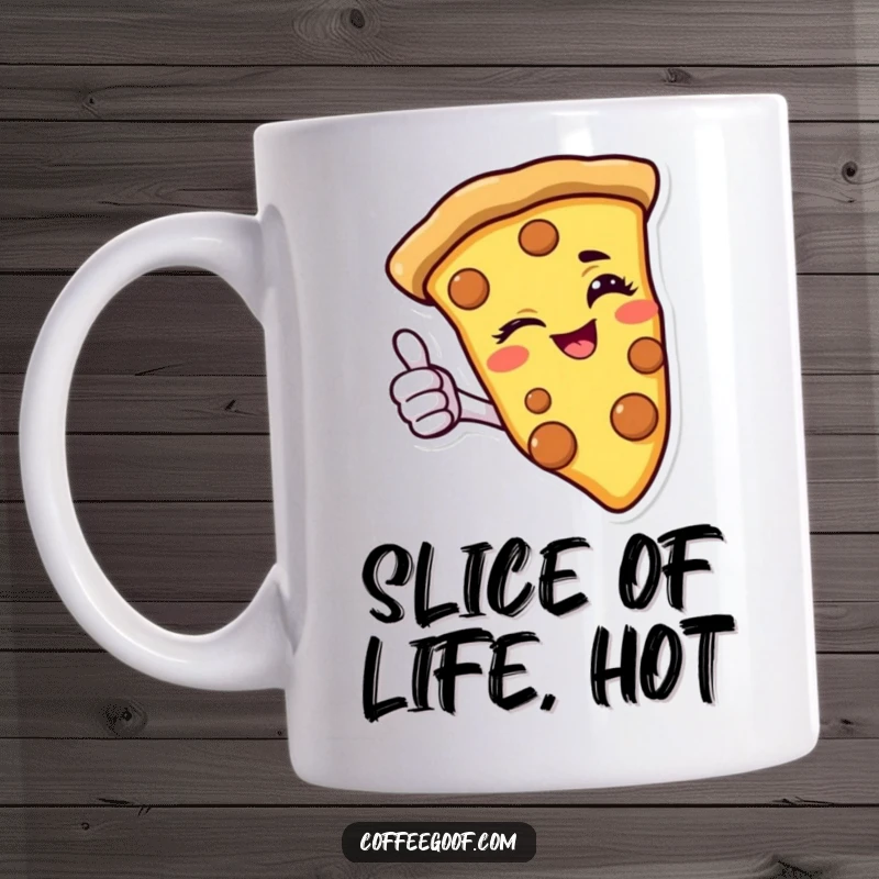 Funny pizza slice mug, winking and giving a thumbs-up, full of cheesy delight and good vibes.