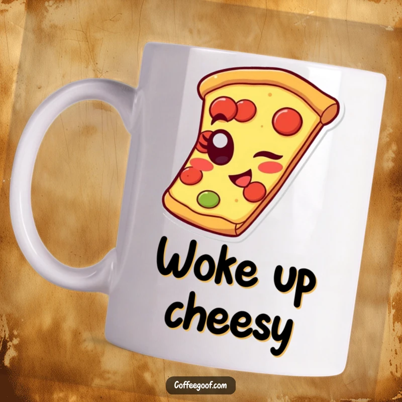 Funny pizza slice mug featuring a cheerful slice winking with a pepperoni eye, embodying playful and humorous food enjoyment.