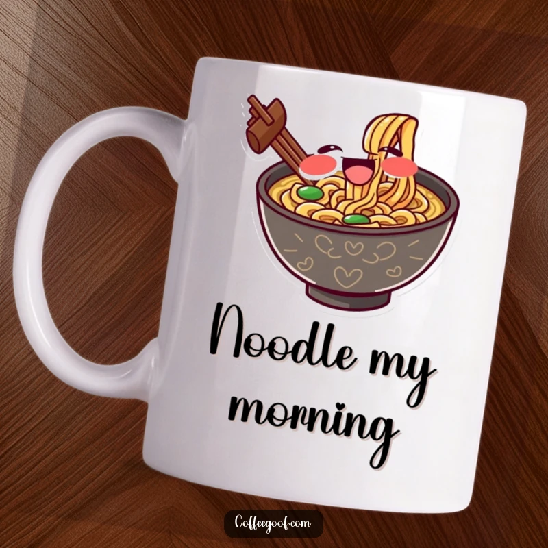 Funny mug featuring a gleeful ramen bowl character enthusiastically slurping noodles with exaggerated delight, a perfect foodie humor gift.
